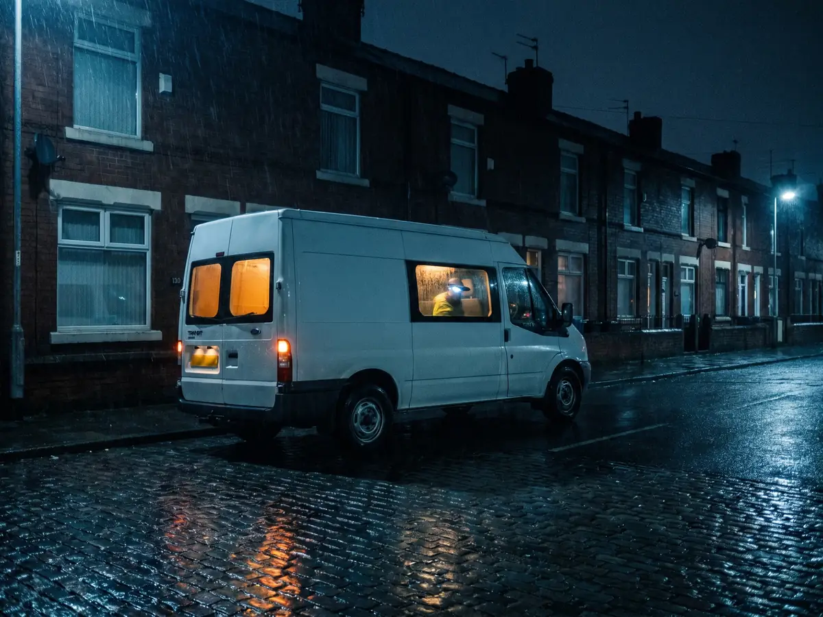 Lockerfella van pulling up on a wet West Midlands street at night, warm amber cab light glowing inside the cab, ready for the next call-out
