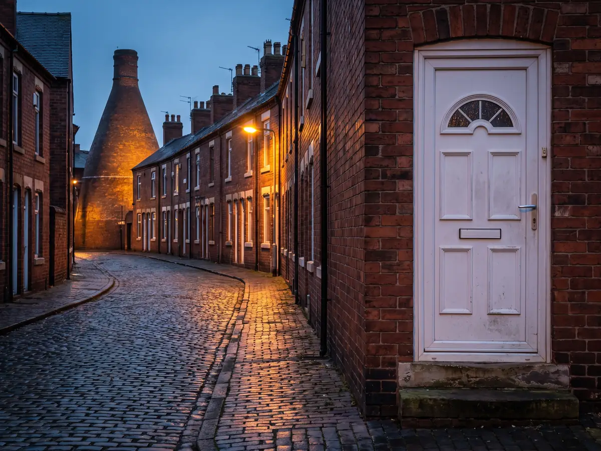 A row of red brick Victorian terraced houses in Stoke-on-Trent at dusk, with a white uPVC front door, lever handle and euro cylinder in the foreground and a brick pottery bottle kiln lit amber at the end of the street