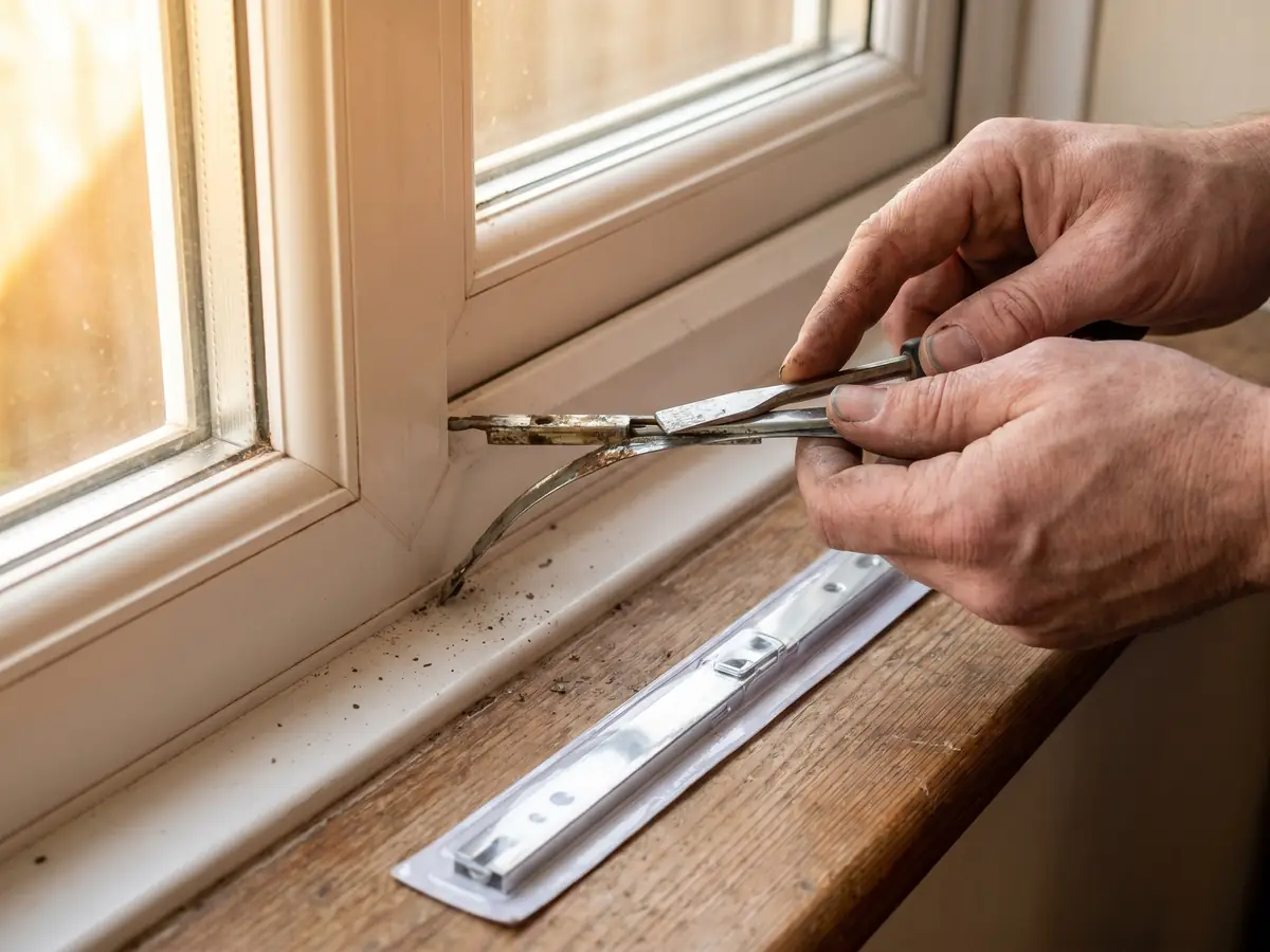 Locksmith hands removing an old corroded uPVC espagnolette strip from a Tipton window casement, a brand-new shiny replacement strip ready on the wooden windowsill
