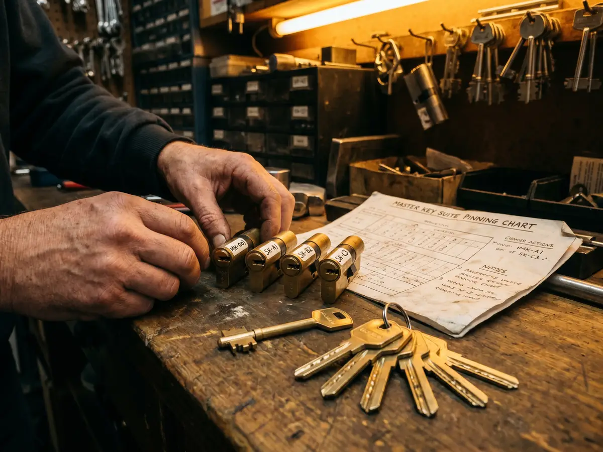 Locksmith laying out labelled brass restricted-key euro cylinders on a wooden workbench alongside a Master Key Suite Pinning Chart, master key and several sub-keys arranged in a fan
