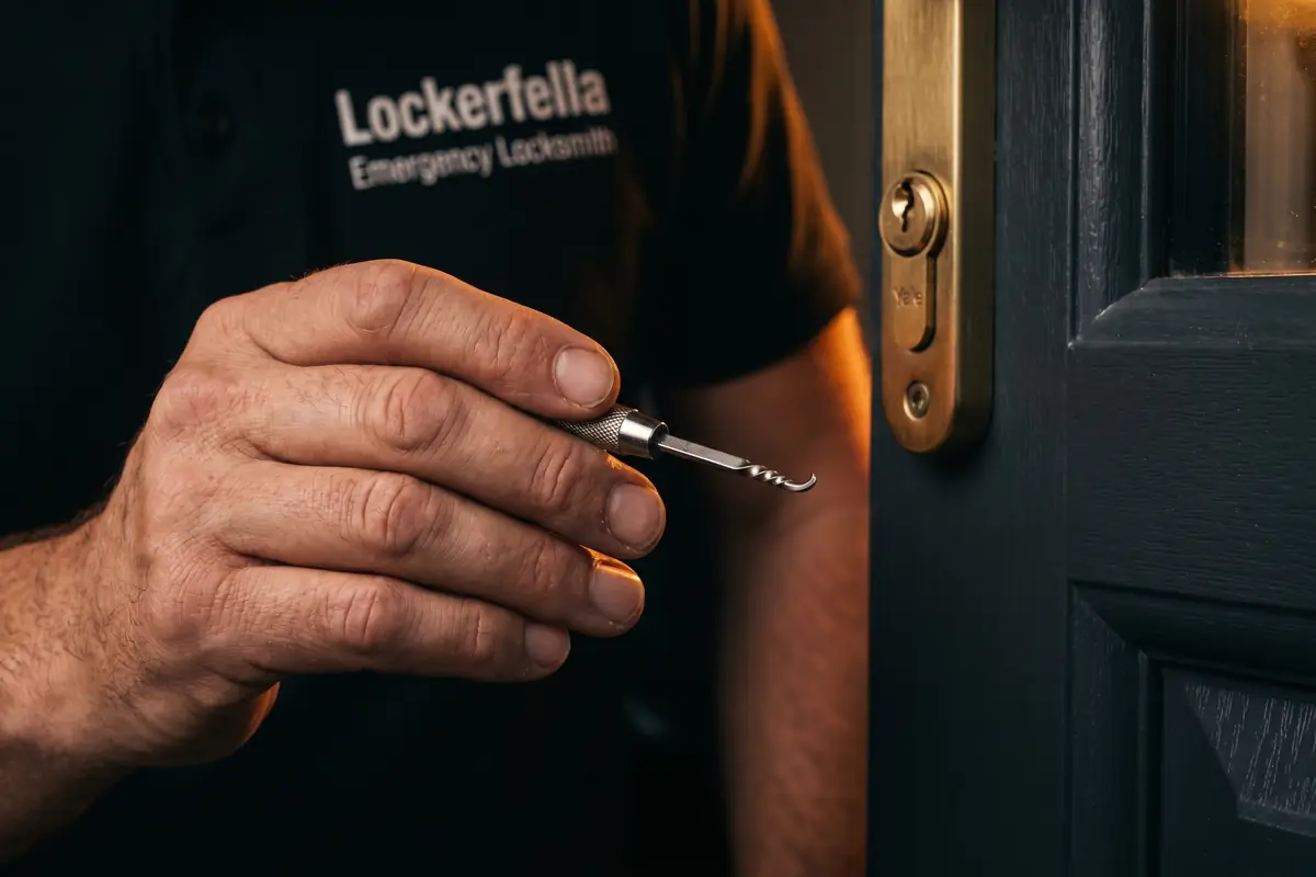 Sean Hamilton from Lockerfella demonstrating a precision spiral-hook broken-key extractor tool against a brass Yale euro cylinder on a dark navy uPVC composite door, wearing the Lockerfella Emergency Locksmith branded t-shirt