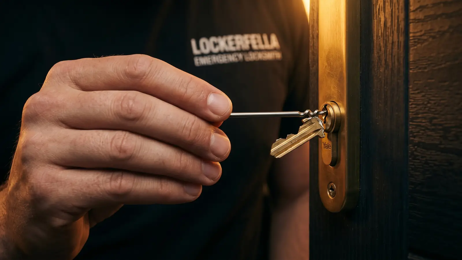 Lockerfella locksmith using a precision spiral-hook key extractor tool to grip a brass key fragment lodged in the keyway of a Yale euro cylinder, branded Lockerfella Emergency Locksmith t-shirt visible in the background, warm amber rim light against a dark uPVC composite door