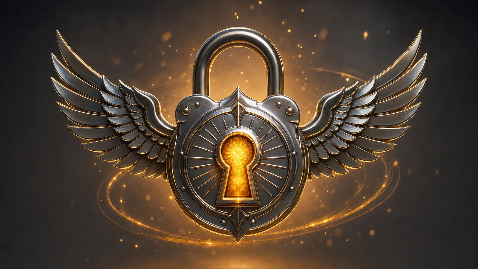 A polished chrome winged padlock glowing with warm amber light against a dark background, with soft golden sparks rising around it. The Lockerfella chrome winged padlock badge, lit up as if it is about to answer a question.