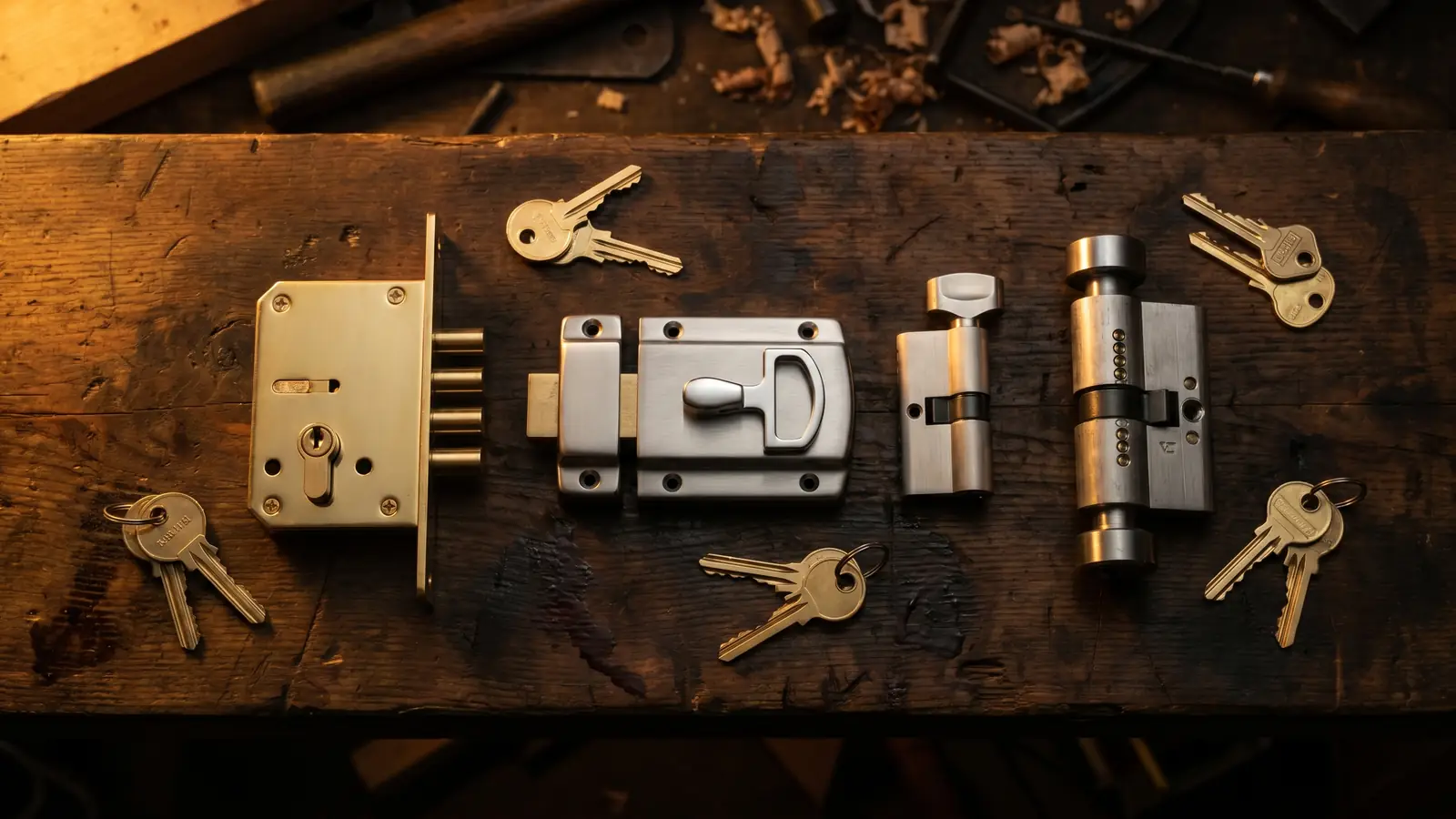 A workbench flat-lay of the main UK door lock types side by side: a euro cylinder, a five-lever mortice deadlock, a night latch and an anti-snap cylinder, with keys, under warm workshop light.