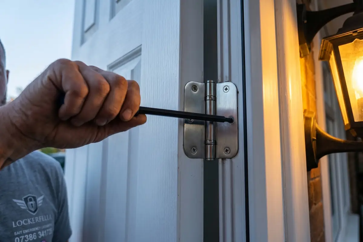 A long hex Allen key turning the 3D adjustment screw on a chrome uPVC butt hinge mounted on a white composite door slab, a weathered hand gripping the long arm of the hex key, warm amber porch light catching the door edge, cool daylight from the left