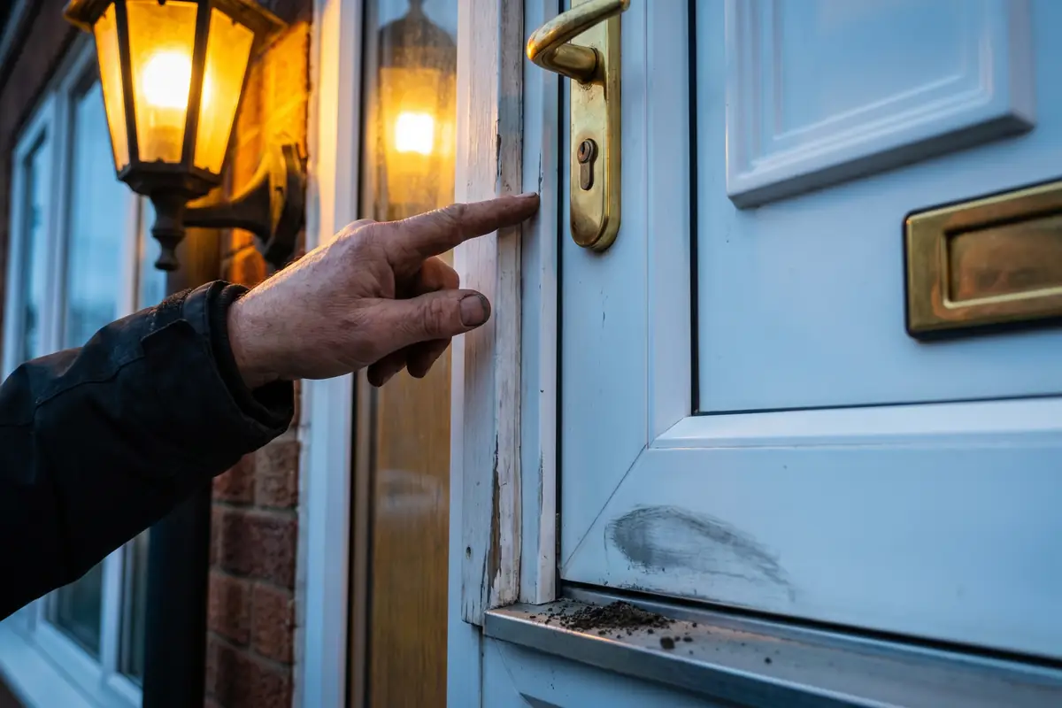 A weathered hand pointing at the pinched top gap of a white uPVC composite door that has dropped on its hinges, a fresh scuff mark on the slab and grit at the threshold where the door has been binding, warm amber porch lamp light, cool daylight from the side