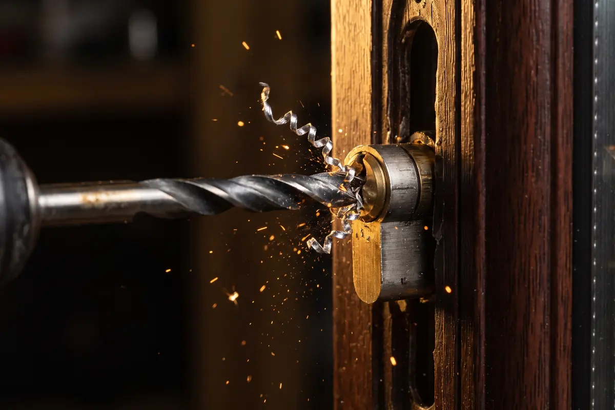 Macro close-up of a cordless drill bit cutting into a snapped anti-snap euro cylinder on a uPVC door, metal swarf curling off, lit by warm amber light against a dark background