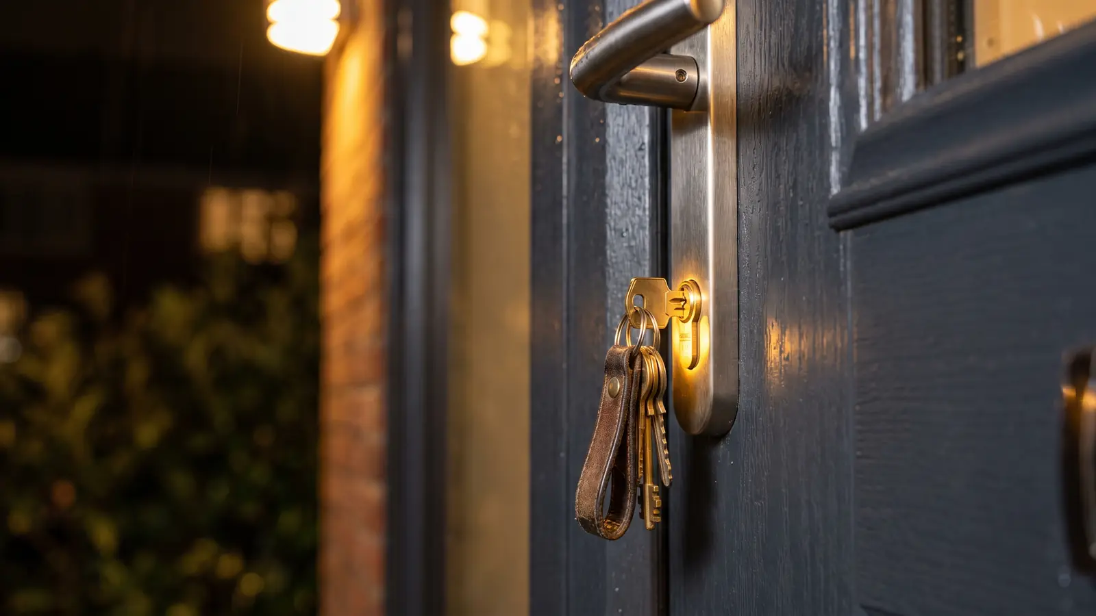 A bunch of house keys left in the lit euro-cylinder keyway of an anthracite composite front door at night, warm amber porch light catching the brushed-steel handle, a dark residential street beyond