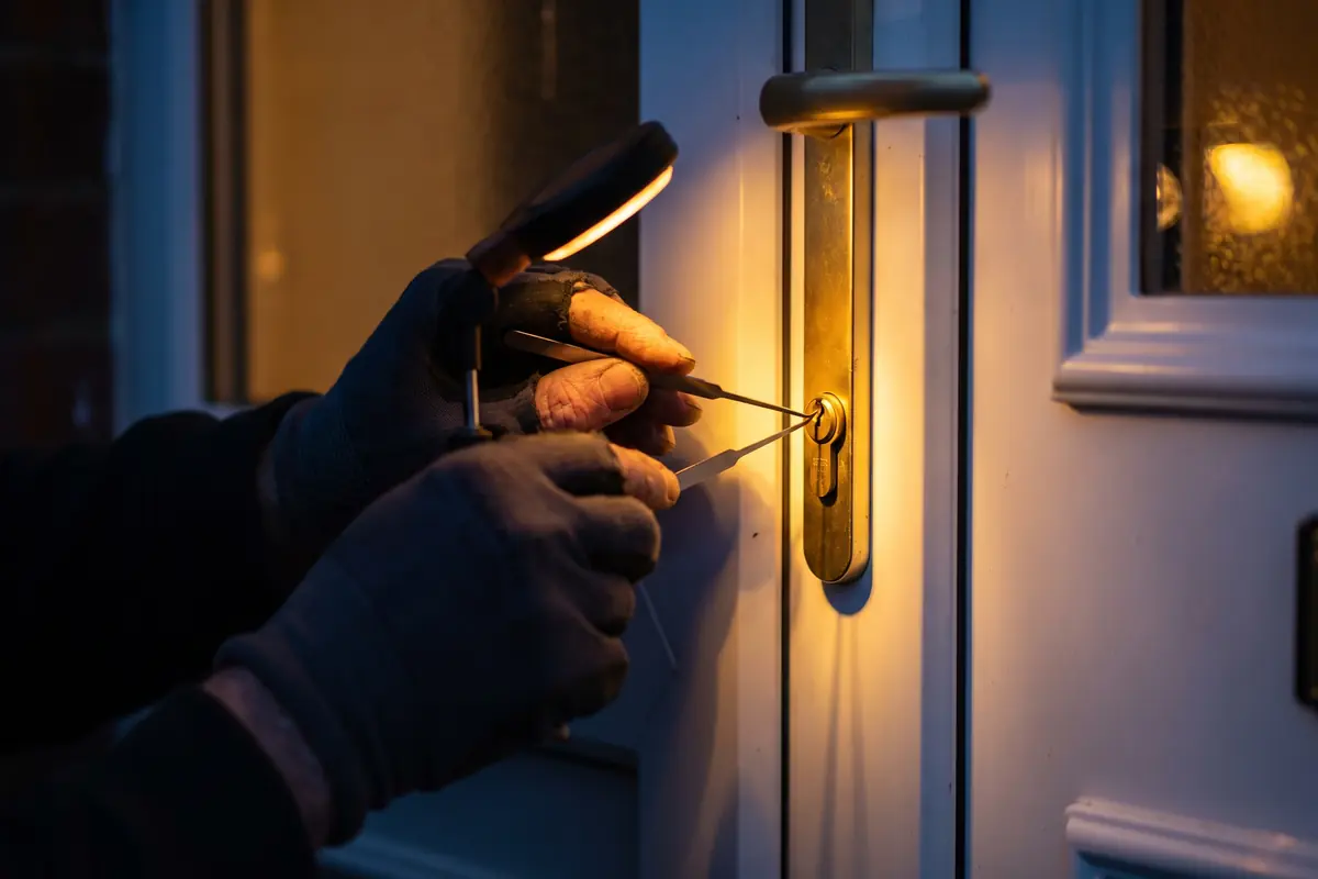 Close-up of a locksmith's gloved hands picking a euro cylinder on a uPVC front door at night, lit by a warm amber work-light, tension tool and pick in the keyway