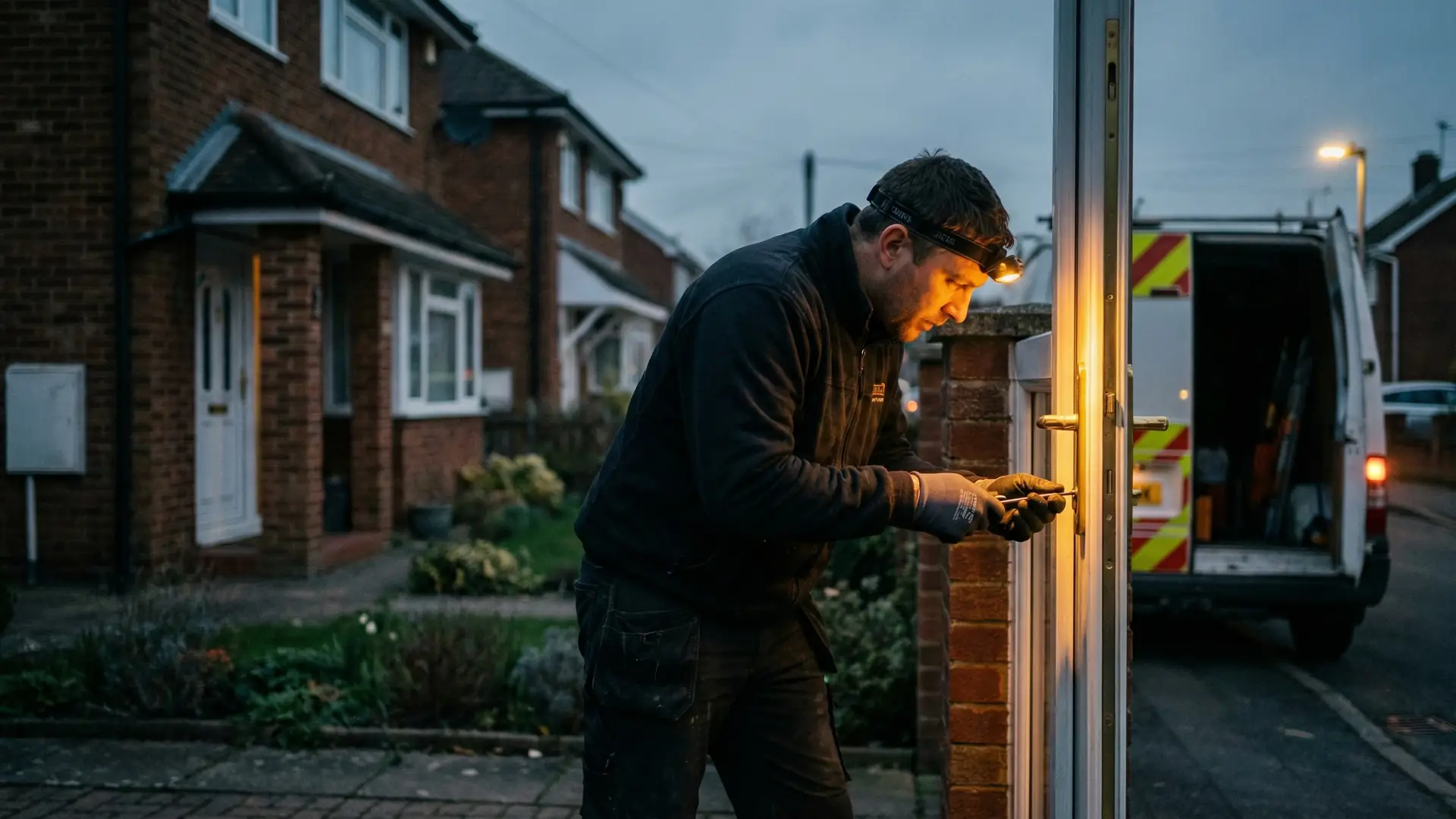 Locksmith working on a uPVC front door at night, warm light spilling from the doorway, key and tools in hand
