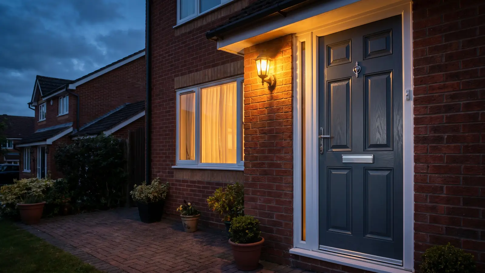 A secure, well-lit uPVC front door of a British home at dusk, a warm porch light on and the door pulled tight into its frame, the picture of a home that looks occupied and hard to burgle.