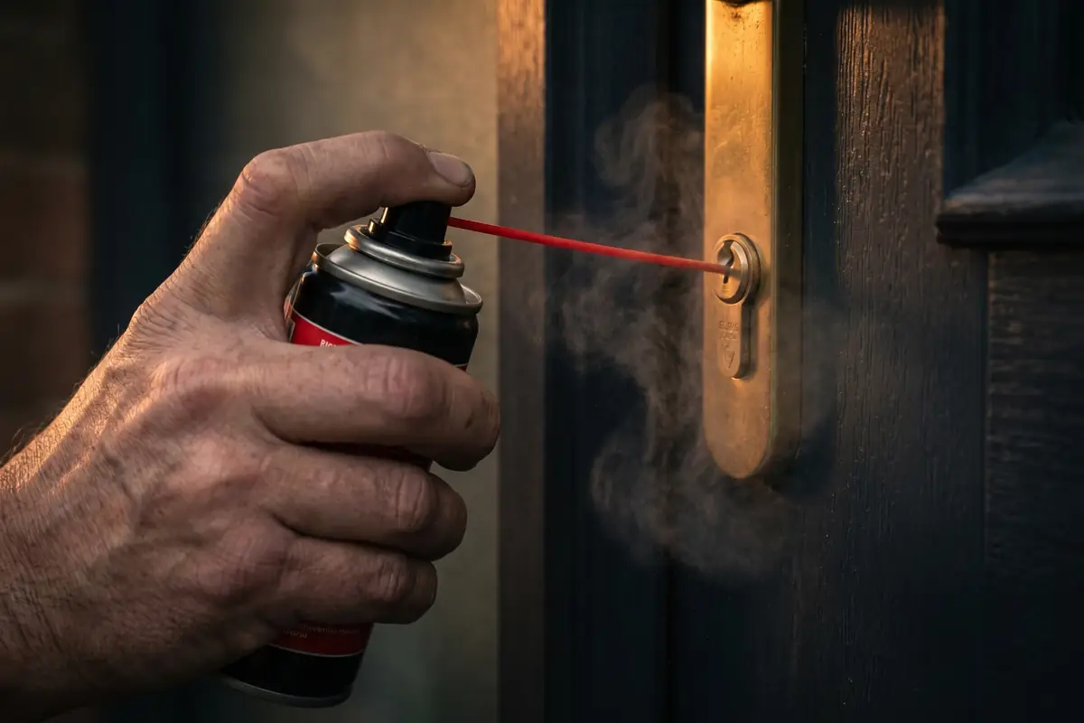 A weathered hand applying dry graphite lubricant from a small aerosol can with a thin red nozzle straw into the keyway of a brass Euro cylinder, fine graphite dust catching warm amber light against a dark wood door background