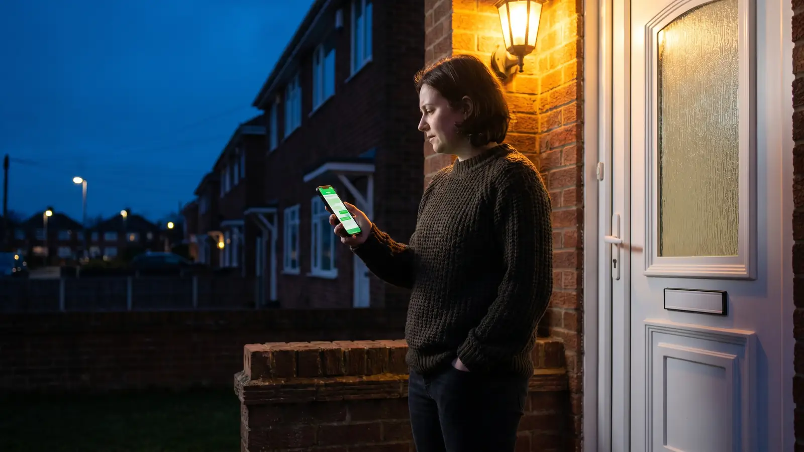 A person in a casual jumper standing on their own front doorstep at night, locked out, looking at a smartphone in their hand showing a messaging app, a warm amber porch lamp lighting the white uPVC front door beside them, a quiet British suburban street in cool blue evening light behind