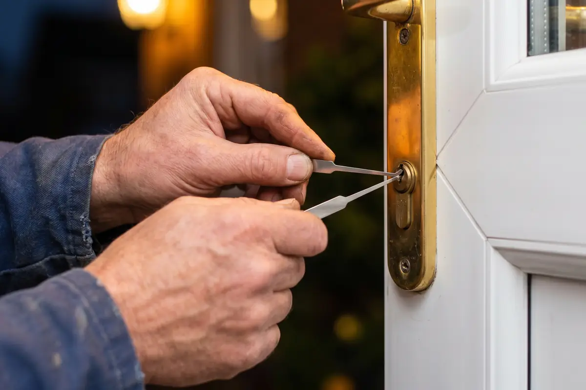 A professional locksmith's clean bare hands using two slim stainless steel lock picks in a brass euro cylinder on a white uPVC door, careful non-destructive entry with no damage, warm amber porch light catching the brass cylinder face and the polished steel picks