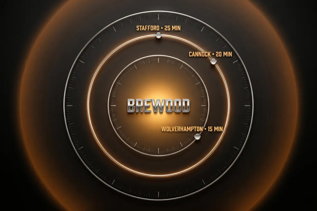 Stylised radial coverage diagram for Lockerfella Locksmiths, centred on Brewood with three concentric rings labelled Wolverhampton 15 minutes, Cannock 20 minutes, Stafford 25 minutes, warm amber accent at the centre on dark cinematic background, chrome ring strokes