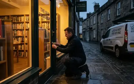 Locksmith fitting a high-security master-key cylinder to the glass front door of a small shop
