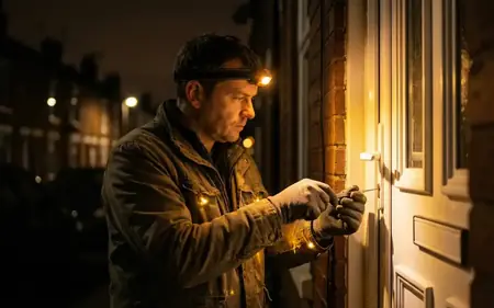 Locksmith picking a uPVC front-door cylinder lock at night with a head torch and pick set