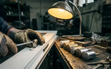 Close-up of a chrome anti-snap euro cylinder being fitted into a uPVC door