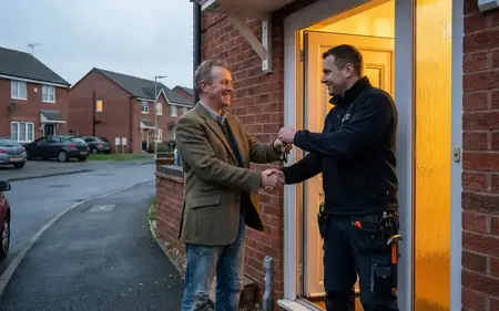 Smiling homeowner being handed a new set of keys on the doorstep of a British semi-detached house