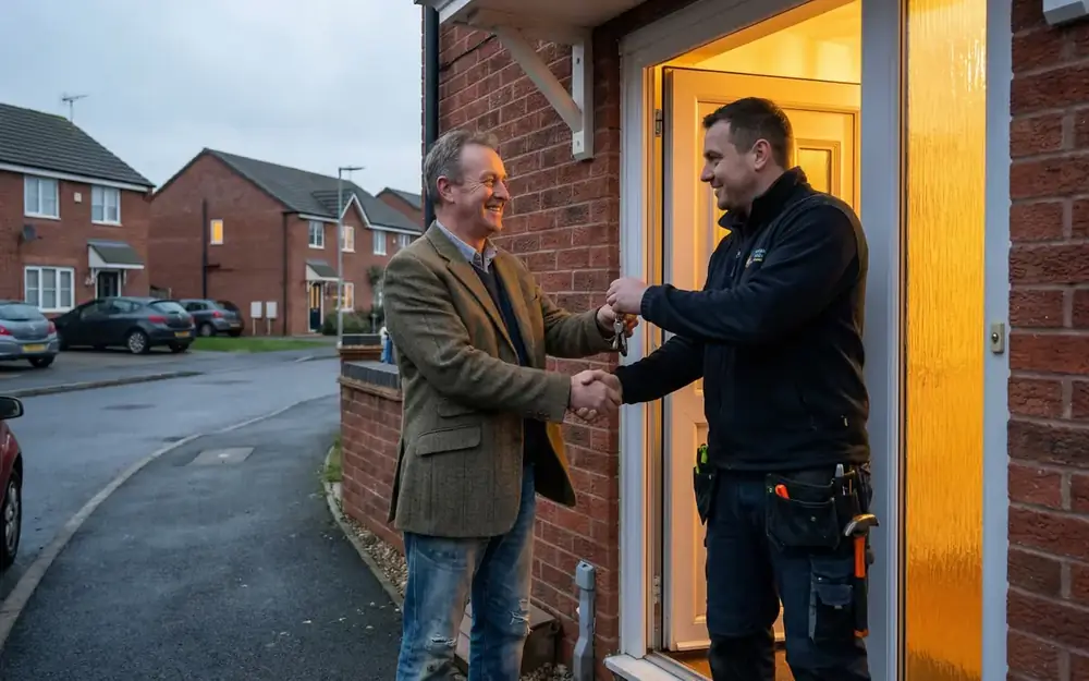 Lockerfella locksmith handing a fresh set of keys to a homeowner on a south Staffordshire doorstep