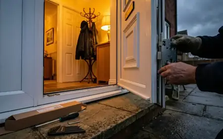 Locksmith's hands fitting a multi-point gearbox into a white uPVC door